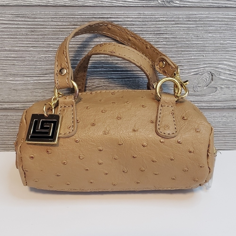 Lori Greiner Mini Faux Leather Ostrich Embossed Tan Satchel Bag Gold Hardware